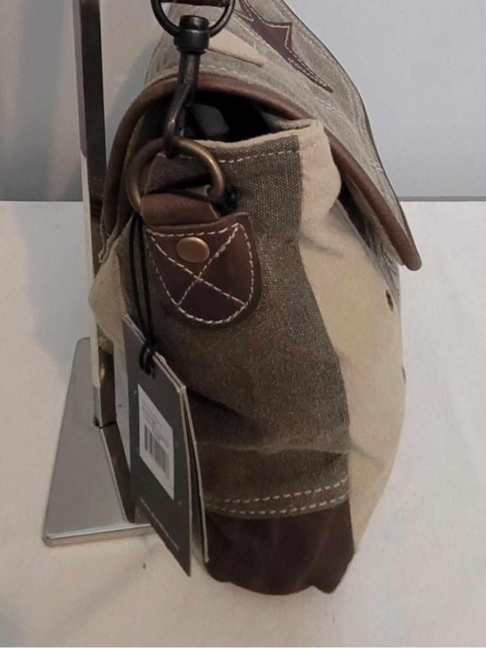 Myra Bag Canvas Leather Star Brown Trim Shoulder Bag Khaki Taupe - Picture 5 of 16